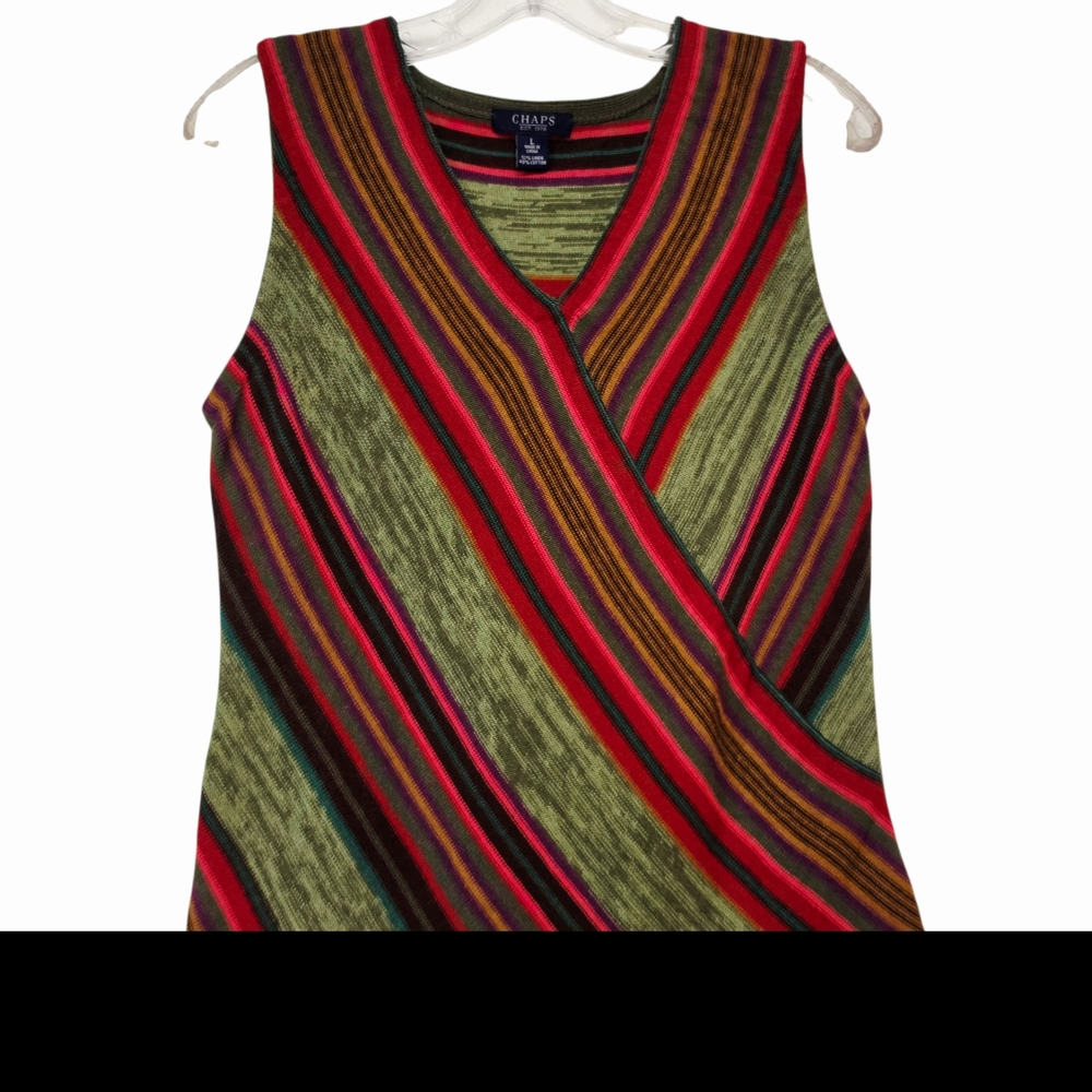 Chaps Colorful Striped Linen/Cotton Knit Wrap-Front Sleeveless Sweater Size L - Picture 12 of 13